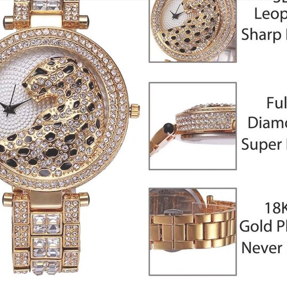 18K GOld CZ Diamond Leopard BLING Watch main image 5